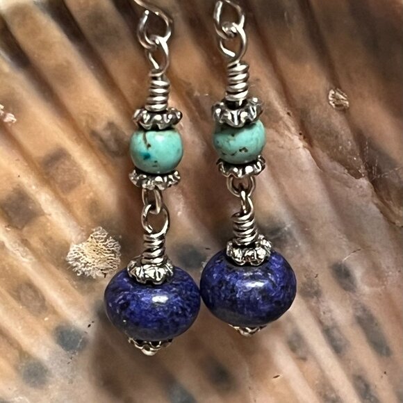 Lapis Lazuli & Turquoise Stone Earrings, Boho Gemstone Dangle Earrings - Picture 4 of 6